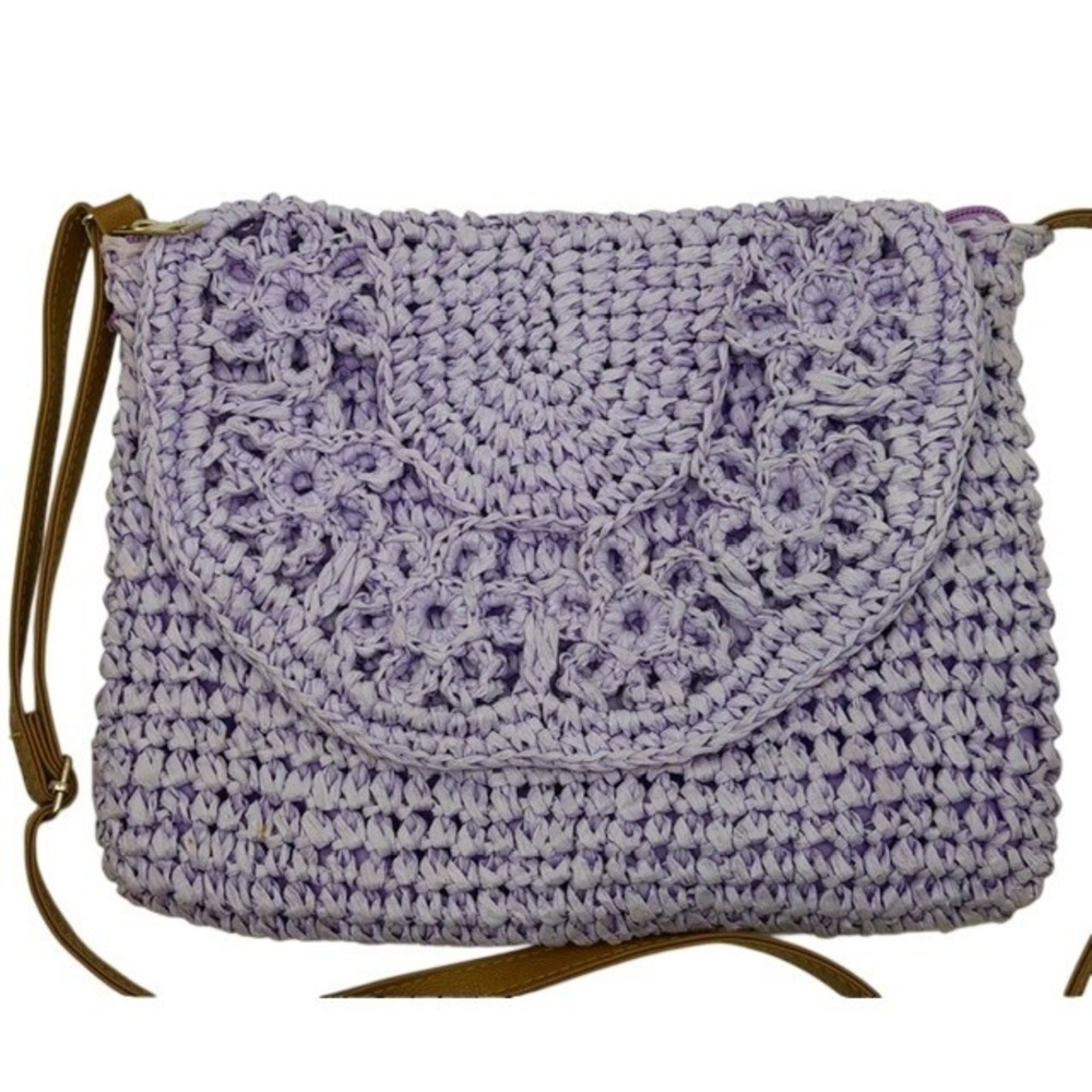 Lavender Crochet Crossbody Bag Woven Straw Floral Flap Shoulder Strap